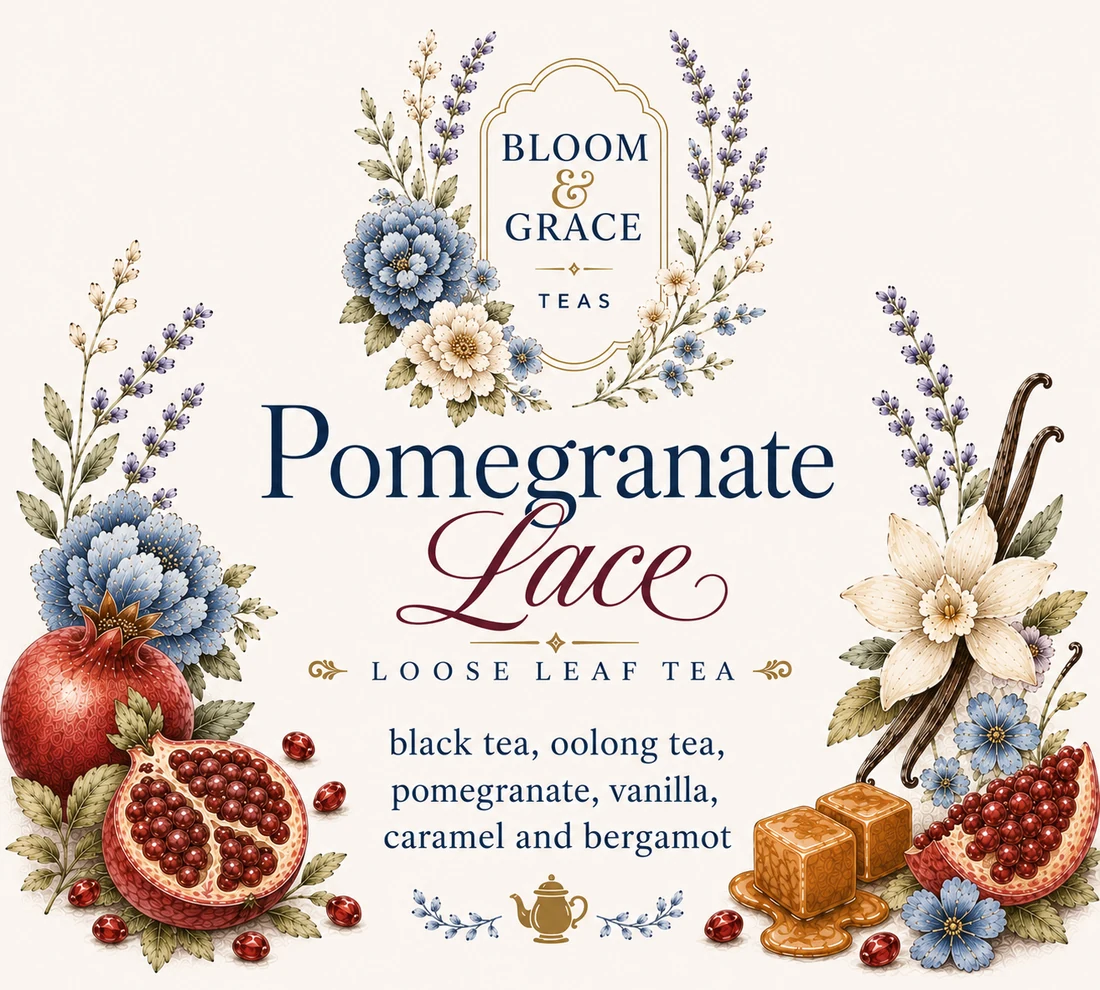 Pomegranate Lace tea label